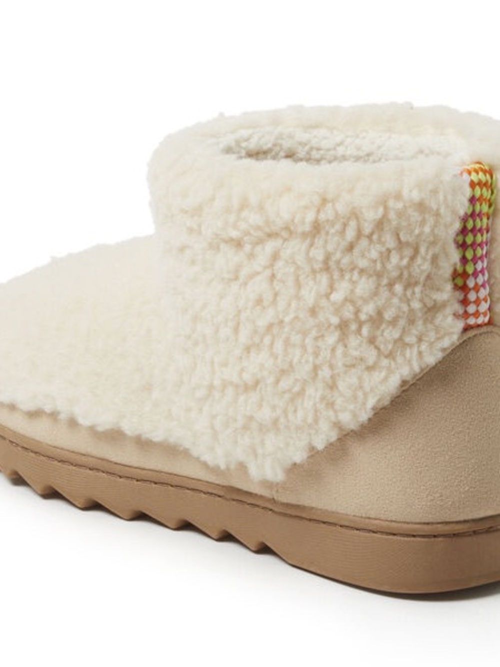 dearfoams Cream Sherpa Cuff Slip-On Slipper with Tan Outsole